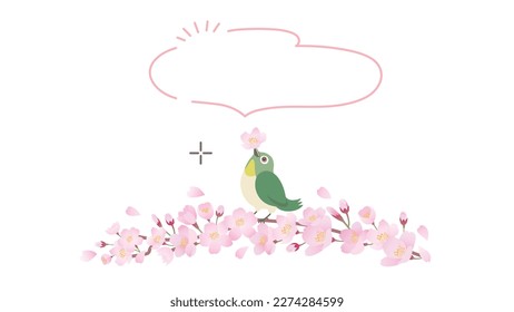 Illustration of a white-eye perched on a branch of cherry blossoms