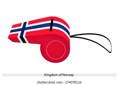 An Illustration of White-Fimbriated Blue Nordic Cross on A Red Field of The Kingdom of Norway Flag on A Whistle, The Sport Concept and Political Symbol. 