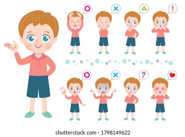 It is an illustration of the whole body of a boy saying various answers.Vector art so easy to edit.