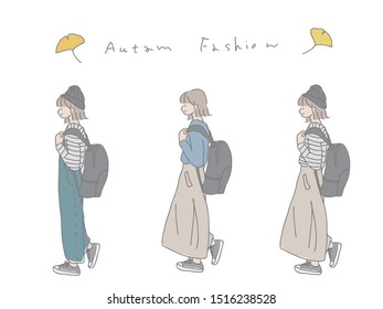 illustration of the whole body of a fashionable girl like a college student.