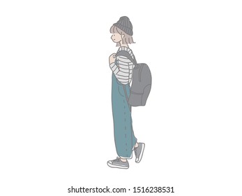 illustration of the whole body of a fashionable girl like a college student.