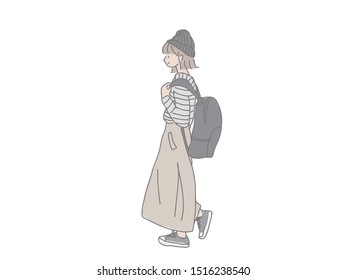illustration of the whole body of a fashionable girl like a college student.