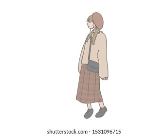 It is an illustration of the whole body of a fashionable girl like a college student.