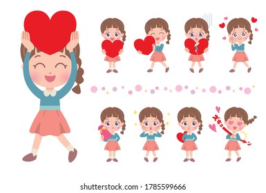 Illustration of the whole body of a girl with a heart.The Japanese word "I feel the awakening of love" is written.Vector art so easy to edit.