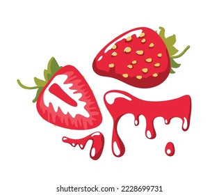 Illustration of whole and cut strawberries. Juicy healthy berry. Ingredient for delicious desserts and vitamin drinks. Drops of strawberry juice or jam in cartoon style.