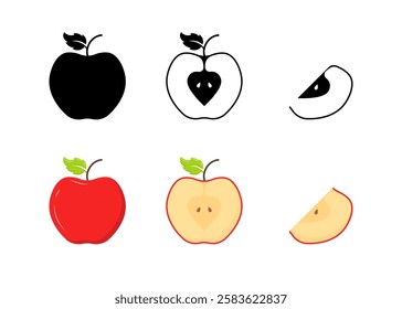 Illustration of whole, halved, and sliced apples with artistic and colored designs. Vector icon