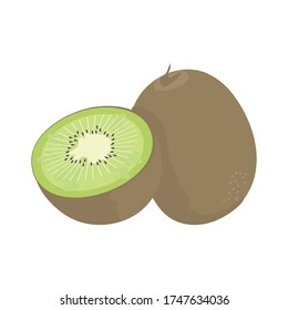 Illustration of whole kiwi fruit and kiwi fruit cut in half