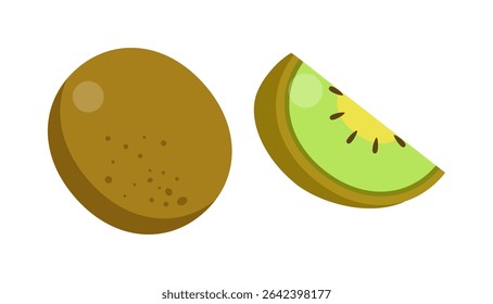 Illustration of a Whole Kiwi Fruit and a Slice of Kiwi Fruit on a White Background