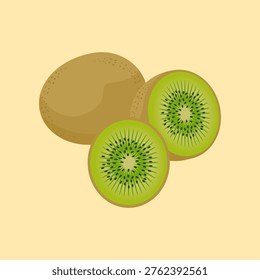 Illustration of a Whole Kiwi and Two Half Cut Kiwi