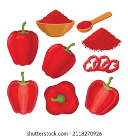 Illustration of whole red bell pepper, bell pepper cut in half, sliced bell pepper and paprika powder in a bowl 
