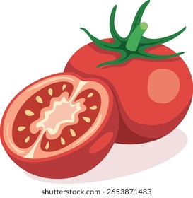 Ilustração de um tomate vermelho maduro inteiro e um tomate dividido em duas partes com sementes, com um caule verde.