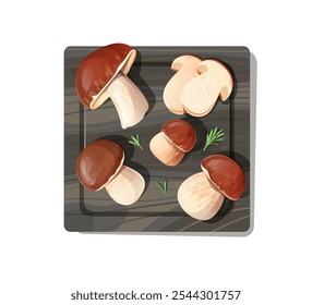 Ilustração de cogumelos porcini inteiros e fatiados em uma placa de madeira escura com ramos de ervas, perfeito para temas gourmet e culinária.