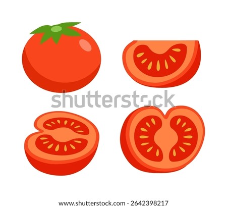 Illustration of Whole and Sliced Tomatoes in Flat Vector Style for Food Presentation