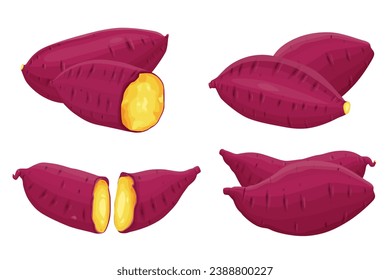 Ilustración de batatas enteras y batatas cortadas en medio de un yamVector ahumado eps 10.