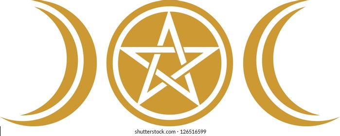 Illustration of Wicca moon symbol, full moon and crescents, pentagram, pentacle, vector, isolated, white background