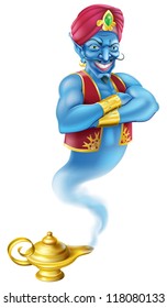 Illustration of a wicked looking Jinn or genie coming out of a classic gold magic oil lamp like the one in the Aladdin story