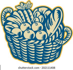 Illustration of a wicker basket full of crop harvest field with festive fruits, vegetables and bread on isolated white background done in retro woodcut style.