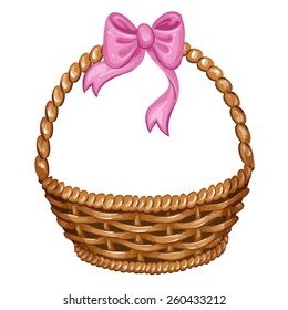 Illustration of wicker basket with pink ribbon