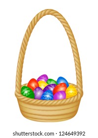 Illustration of a wicker Easter basket filled with decorated eggs. Eps 10 Vector.