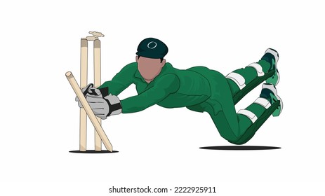 Illustration of WicketKeeper Hitting Stumps with Ball in hands Cricket Player out