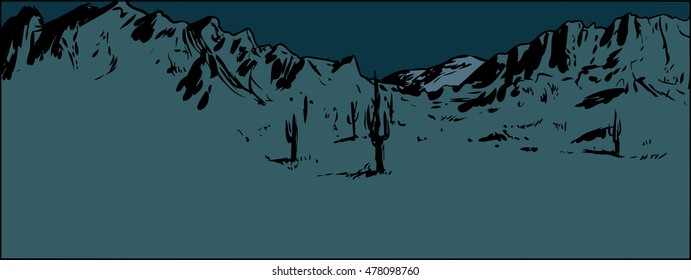 Illustration of wide desert mountain landscape with clear dark evening sky at night