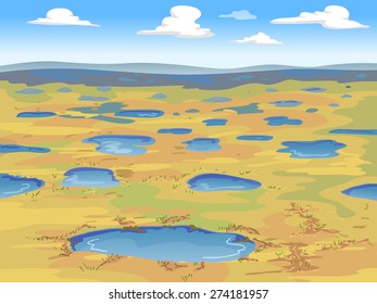 Illustration of a Wide Expanse of Tundra with Small Pools of Water