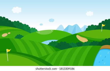 Illustration of a wide golf course with hills.