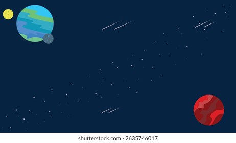 illustration of a wide space view of 2 planets separated by an asteroid belt and also some meteors with long tails