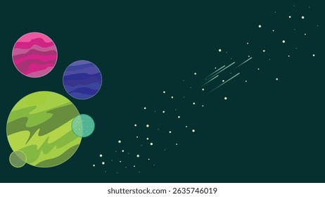illustration of a wide space view of several planets separated by an asteroid belt and passed by a group of meteors