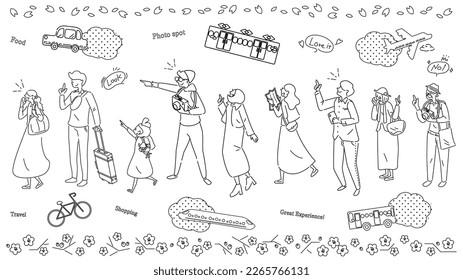 It is an illustration of a wide variety of people of all ages and genders enjoying spring sightseeing and a set of vehicles (line drawing black and white).