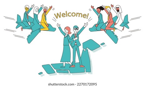 It is an illustration of a wide variety of people visiting from abroad at a business event held in Japan.