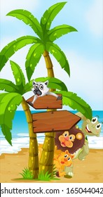 Illustration of the wild animals at the beach with arrow boards