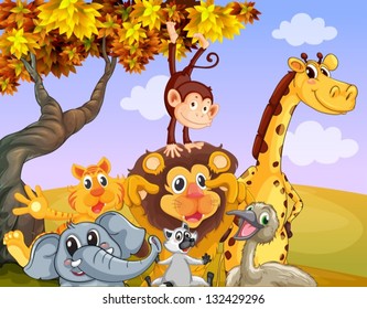 Illustration of the wild animals near the big tree