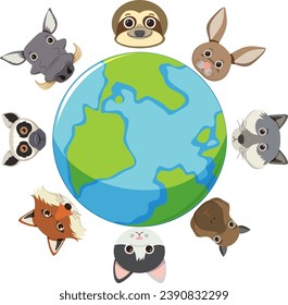 Illustration of wild animals peering over a globe