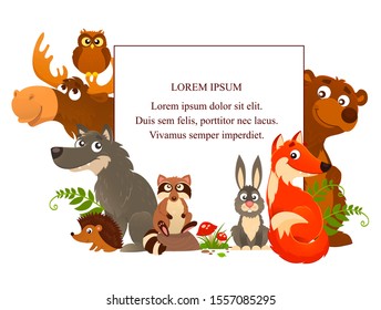 Illustration of wild animals with place for text. Forest friends.