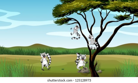 Illustration von Wildtieren, die im Baum spielen
