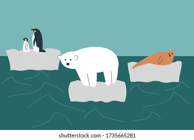 Illustration Of Wild Animals, Polar Bear, Penguin And Seal On A Melting Glacier In The Middle Of The Ocean - Global Warming