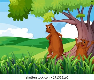 Illustration of the wild animals under the tree