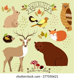 Illustration with wild animals for your design. Rabbits, birds, owl, hedgehog, fox, deer and bear. Forest characters.