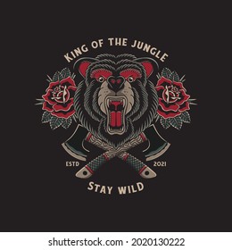 Ilustración de oso salvaje rugiendo y cruzando hachas con el estilo tradicional de tatuaje