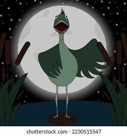 Illustration of a wild bird monster with a piranha head in a swamp with reeds, moon, night sky and stars. Halloween concept.