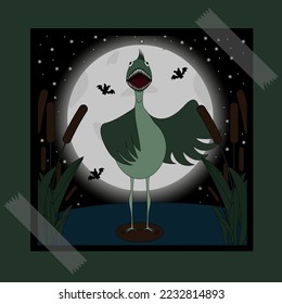 Illustration of a wild bird monster with a piranha head in a swamp with reeds, moon, night sky, stars and bats. Halloween concept.