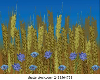 illustration with wild blue flowers between cereal plants