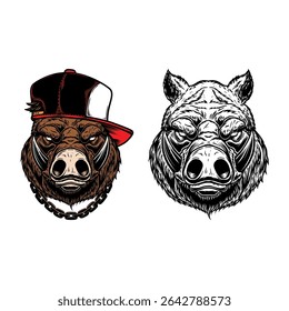 Illustration of wild boar in baseball cap in monochrome and color styles. Design element for t shirt, emblem, badge. Vector illustration