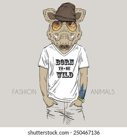 Illustration of wild boar dressed up in t-shirt with quote