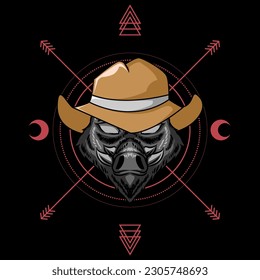 Ilustración de cabeza de jabalí usando sombrero de vaquero. Perfecto para el diseño de camisetas.