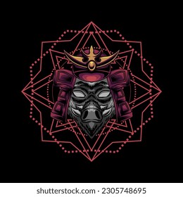 Illustration des Wildschweins mit Samurai-Helm. Perfekt für T-Shirt-Design.