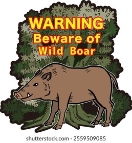 An illustration of a wild boar warning with a forest background.