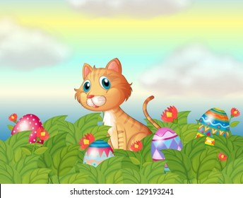 Illustration of a wild cat and the easter eggs