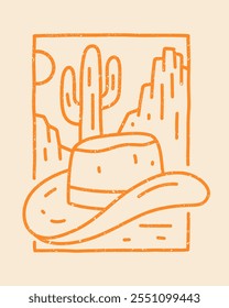 ilustração de deserto selvagem com chapéu de cowboy e design de deserto de cacto para t-shirt, emblema, patch, adesivo, etc